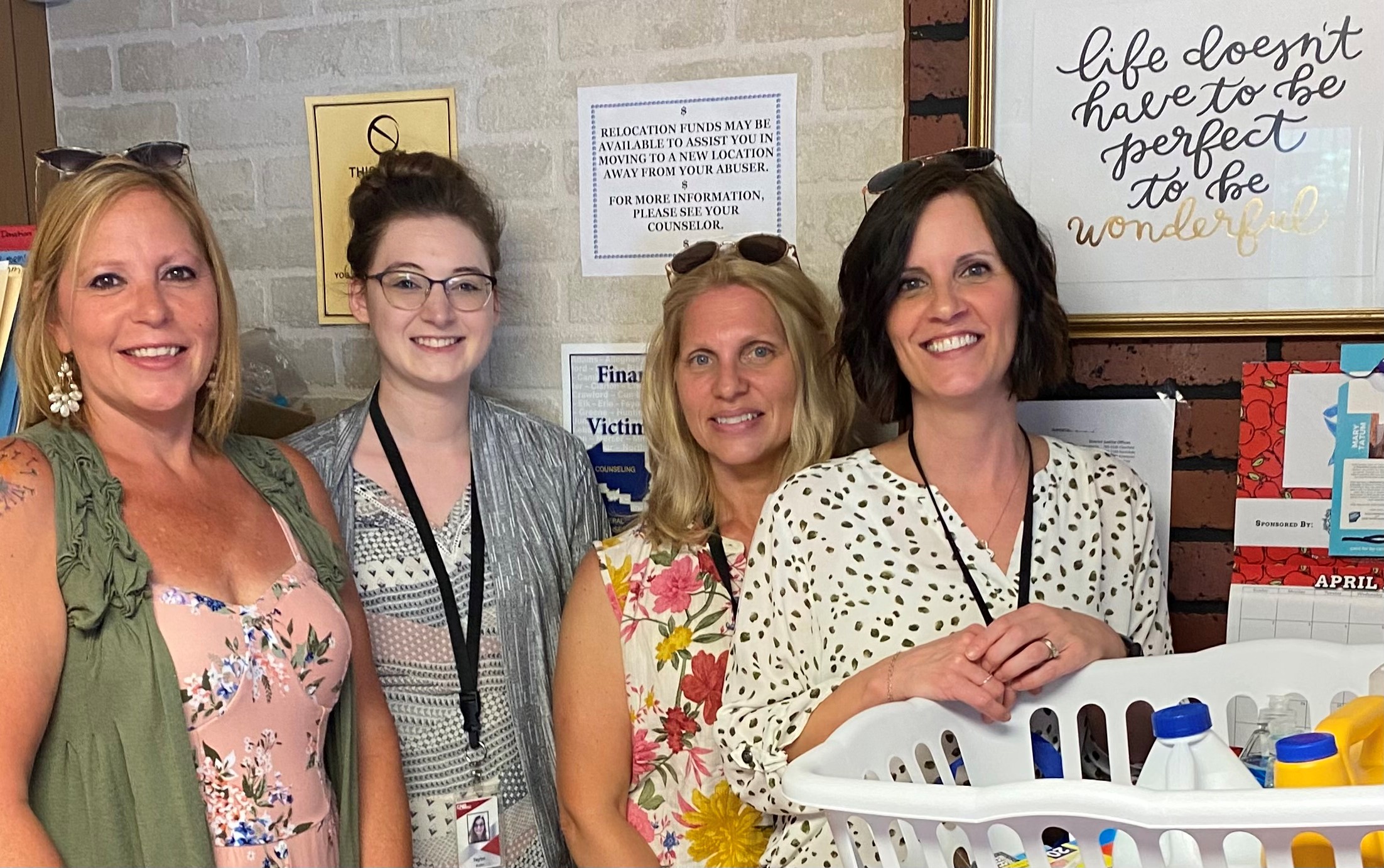 The CNB Bank employees at the Clearfield Main Office recently participated in a donation drive to support individuals and families experiencing homelessness. One of the recipients from the CNB donation drive was Community Action, Inc.’s Crossroads Project, serving homeless individuals / families impacted by domestic violence. Pictured are (L to R):  Becky Misko, Crossroads Coordinator; Taylor Butler, CNB Employee Resources Assistant; Leslie McGonigal, CNB Health & Wellness Specialist; and Tracy Johnson, CNB Employee Resources Assistant with one of the baskets of donated items.